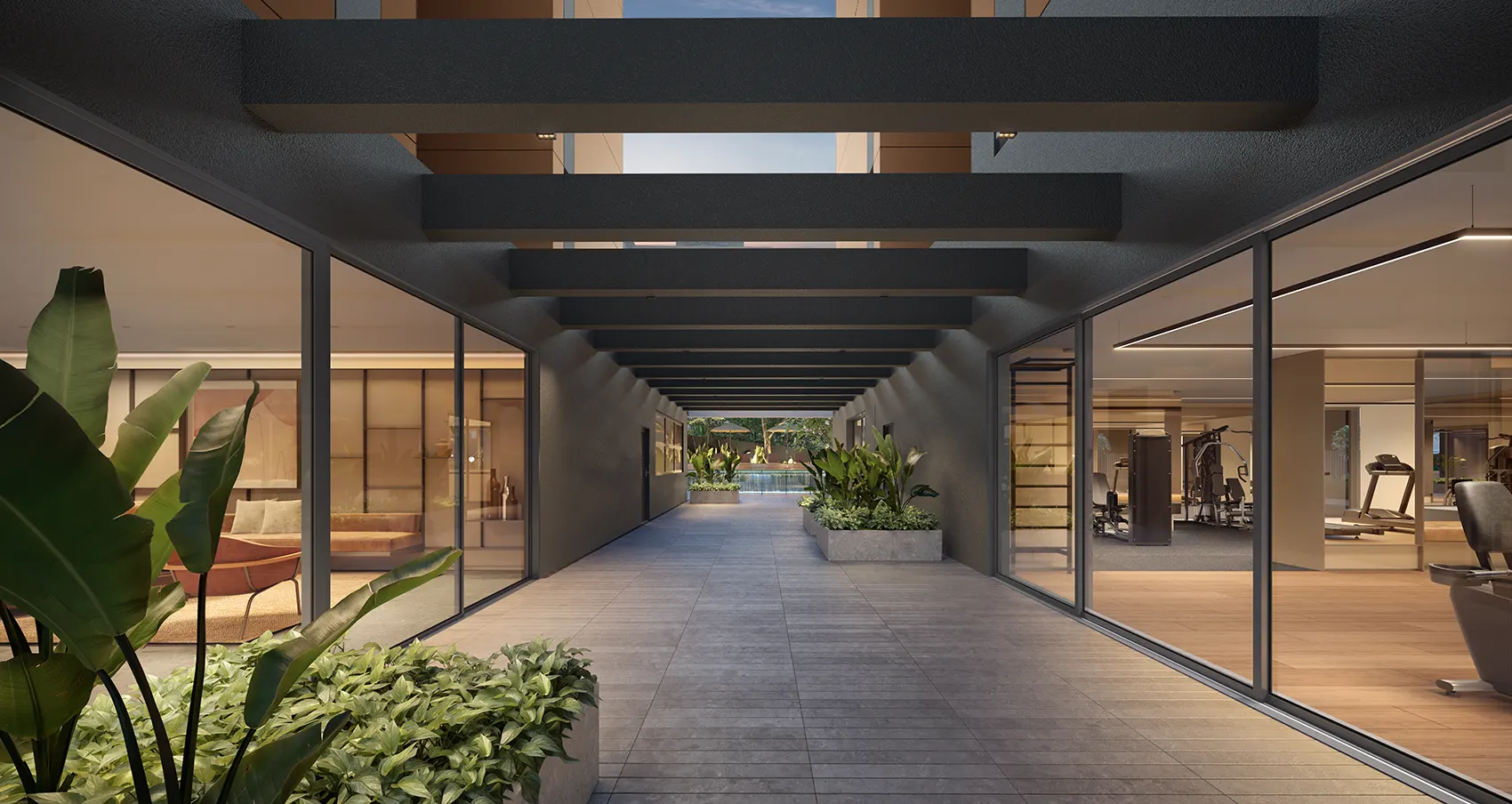 Alameda com pergolado do High Garden Rio Branco — perspectiva ilustrativa Melnick