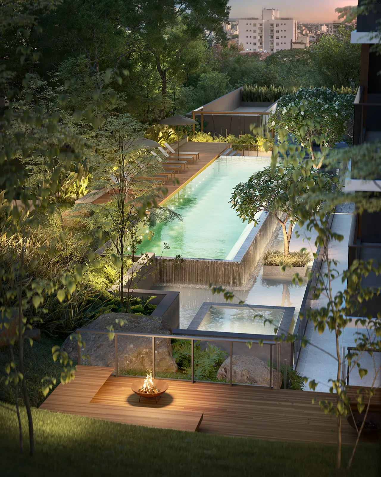 Piscina externa e paisagismo do High Garden Rio Branco — perspectiva ilustrativa Melnick